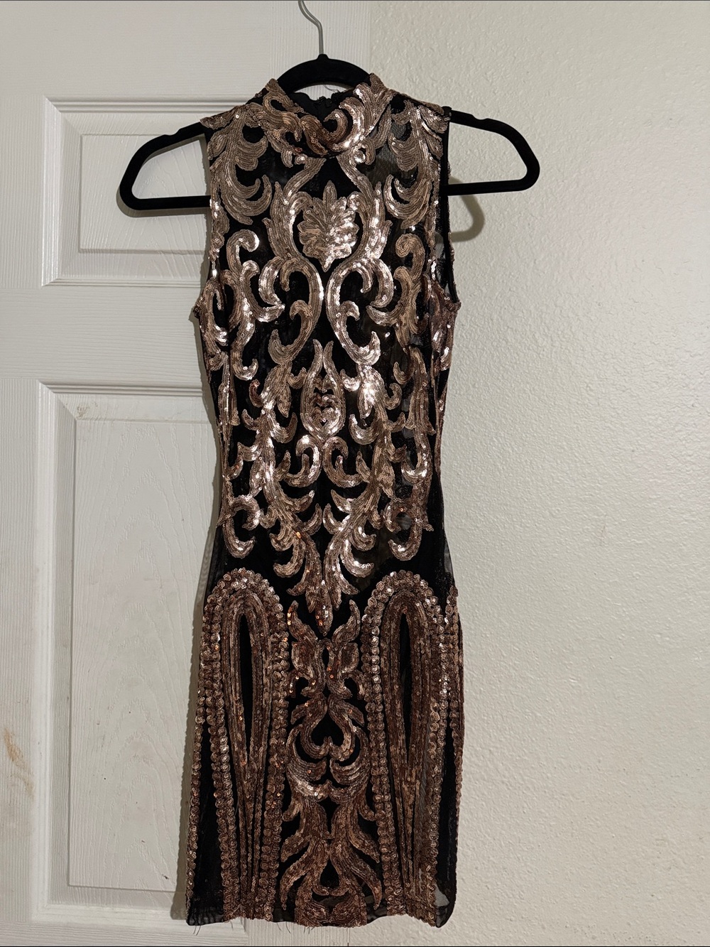Fashion Nova Black Mini Dress with Rose Gold Sequin Baroque Design